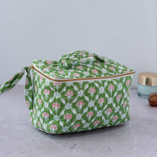 Spacious cube-shaped cosmetic case in pink and white petal print