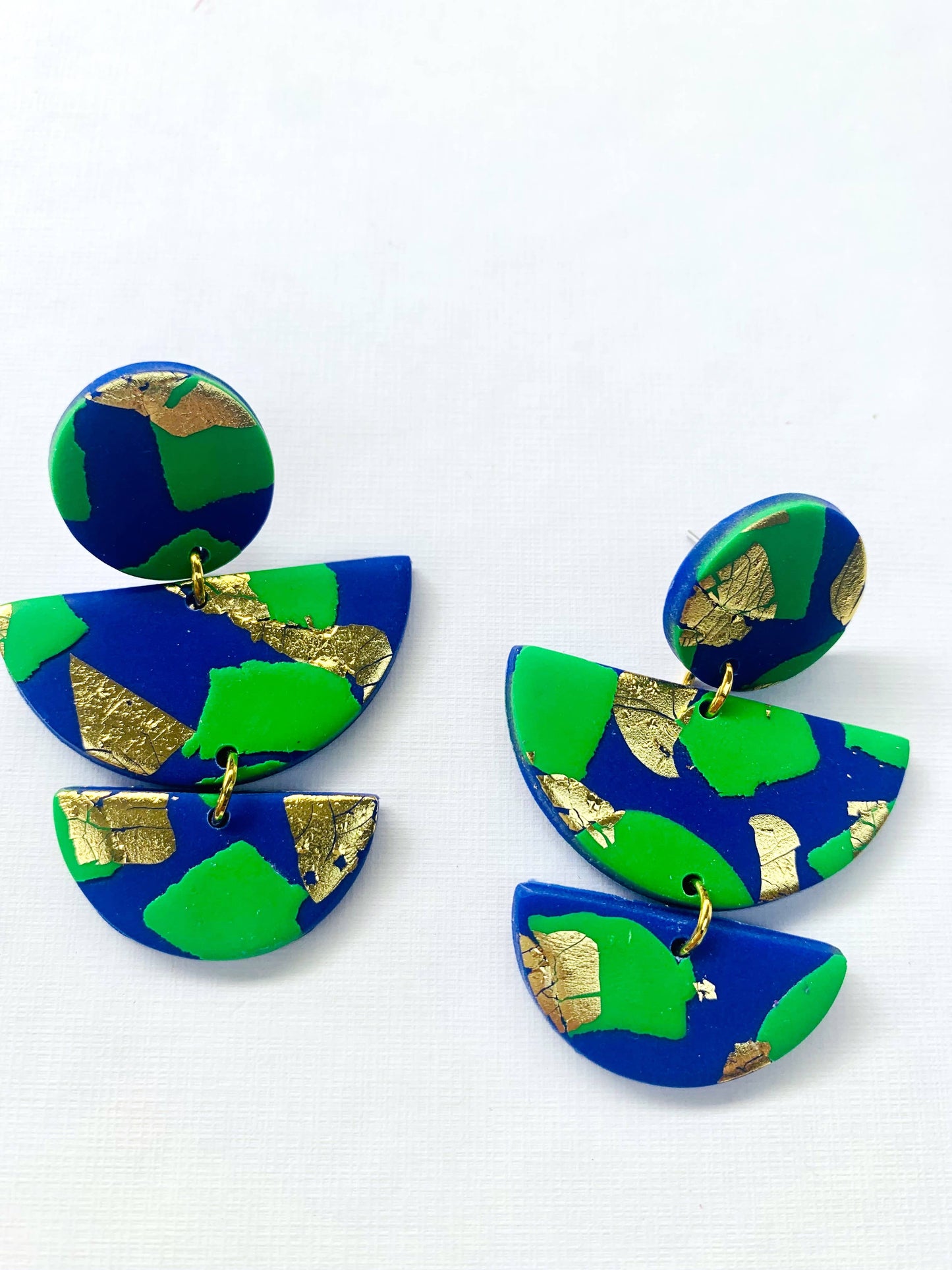 Handmade blue and green polymer clay stack earrings with gold accents