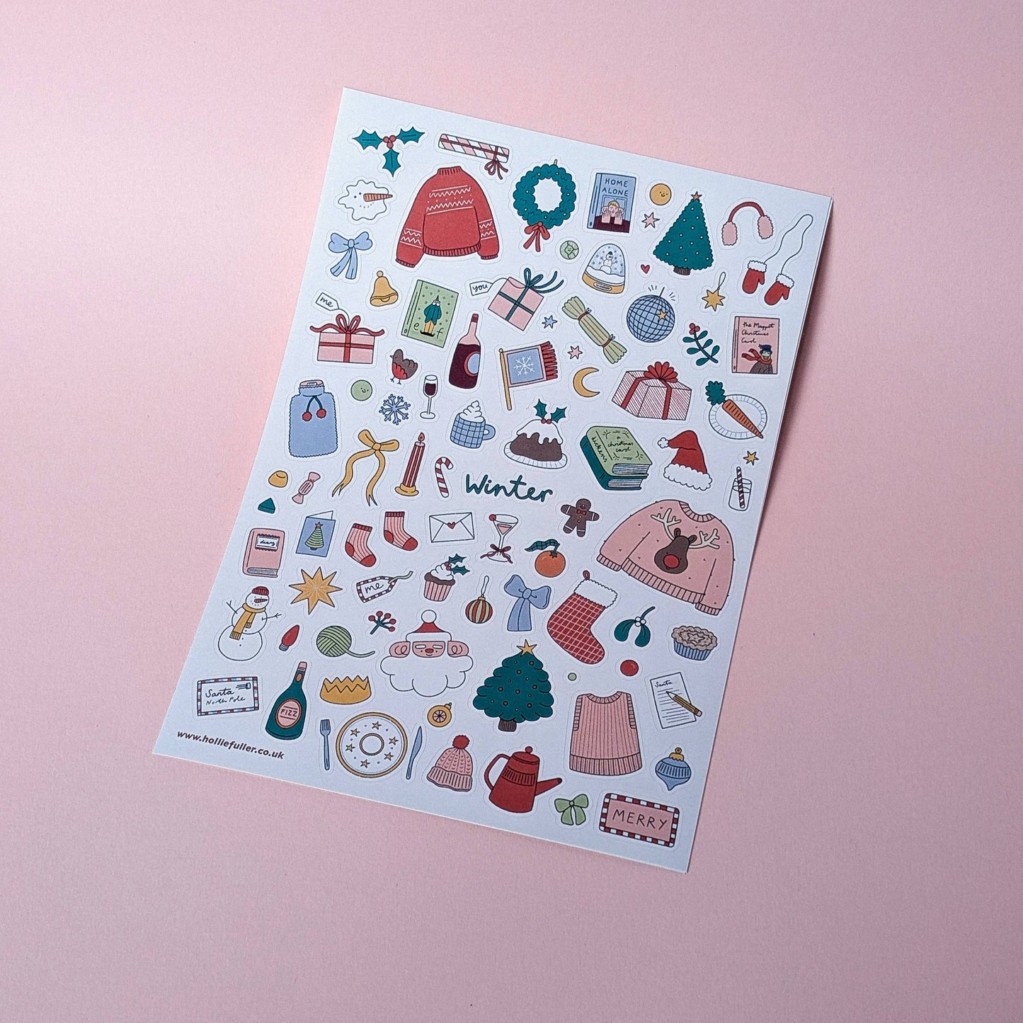 Winter Sticker Sheet by Holly Fuller – 60+ waterproof vinyl stickers on A5 sheet, UK designed seasonal art perfect for scrapbooking, journaling, and sustainable crafts.