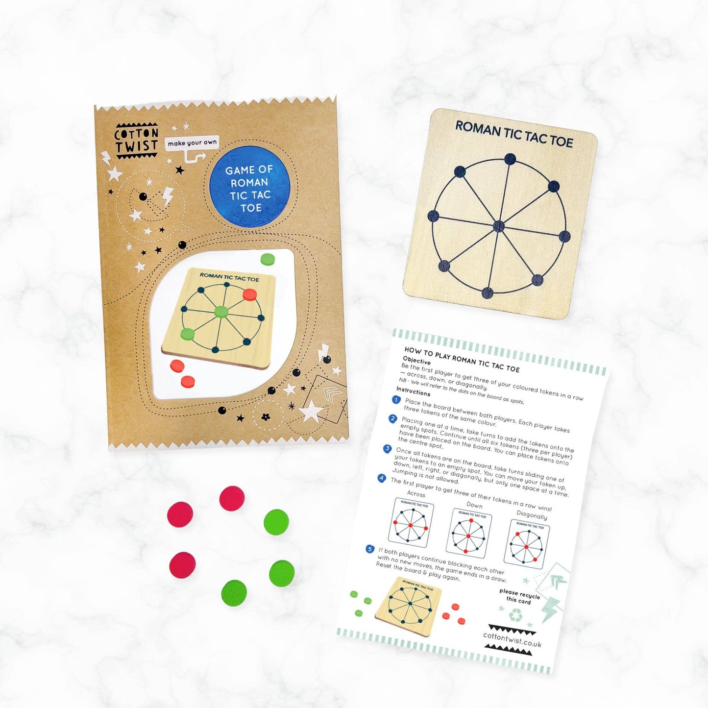 Roman Tic Tac Toe game set with packaging, game board, and instructions on a white background