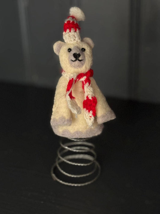 Ethical felt Polar Bear tree topper, UK designed by Sew Heart Felt, for Christmas