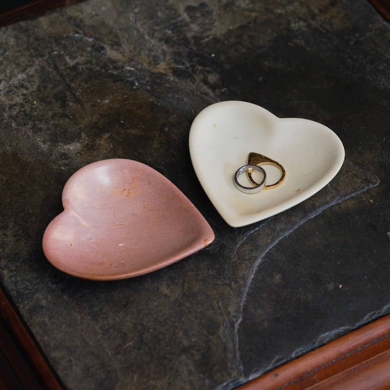 Heart-shaped soapstone jewellery dish, hand carved in Nairobi from sustainable Kenyan stone with natural colour variations.