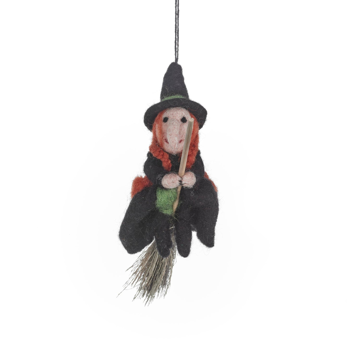 Handmade Felt Hermione the Witch Halloween hanging Decoration, with long ginger hair and broomstick.