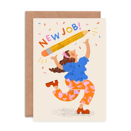 Close-up of A6 New Job Dance Greeting Card, blank inside, premium matte card