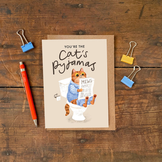 Close up of Emily Nash Cat's Pyjamas eco-friendly greeting card