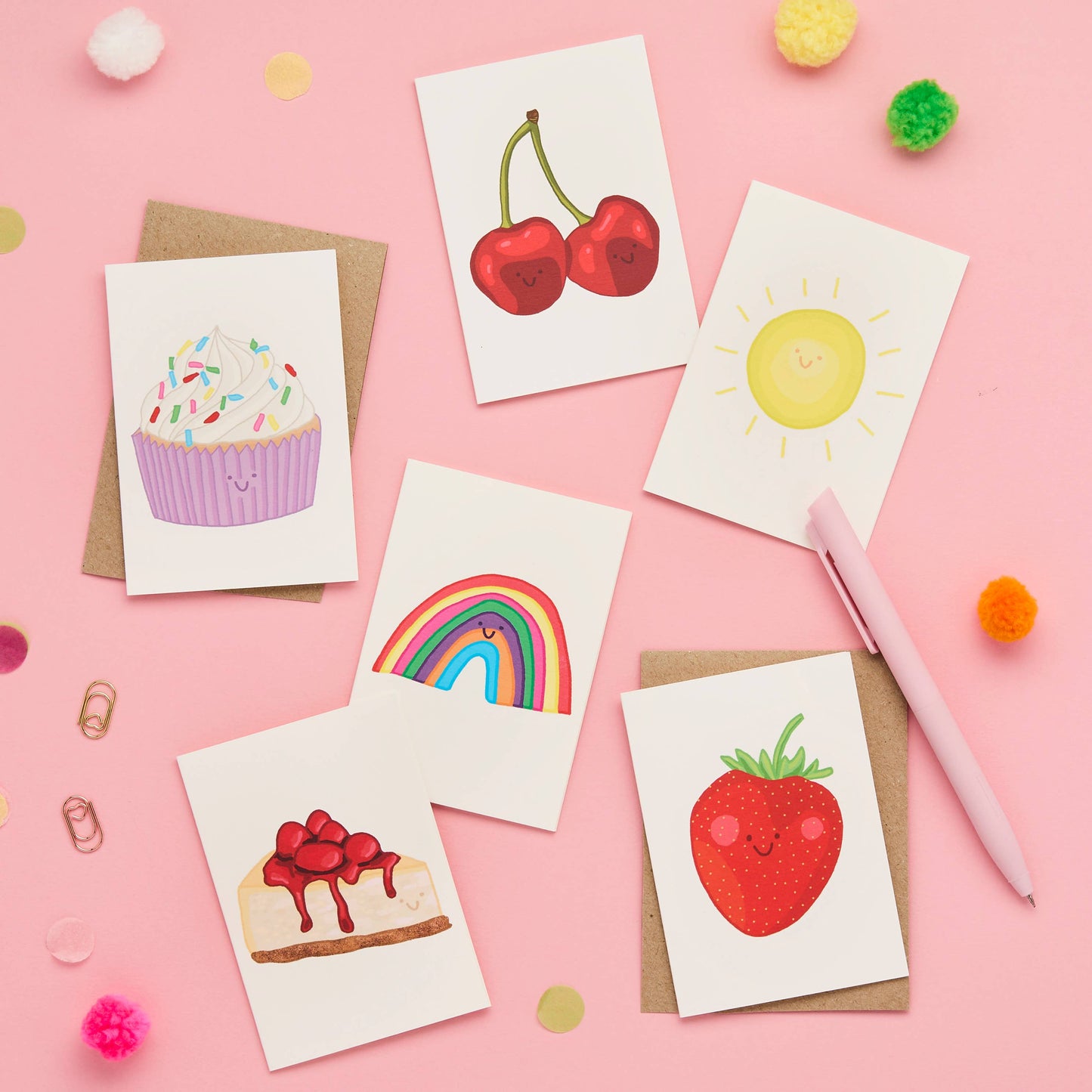 Set of small cards with illustrations on a pink background