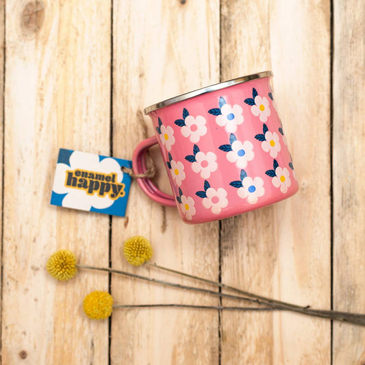 Pink enamel mug with retro floral print