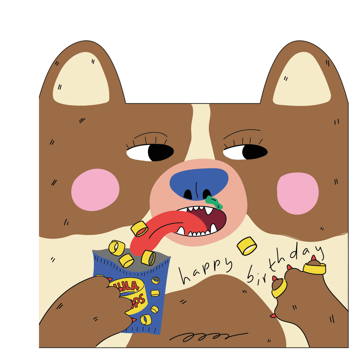 Eat the Moon Dog Eats Hula Hoops Die Cut Kids Greeting Card front with cheeky dog design