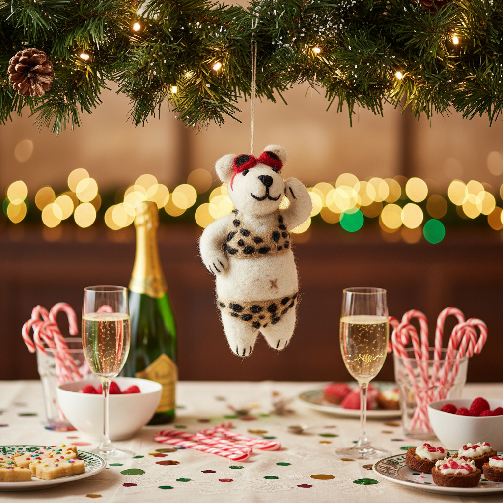 Quirky handmade felt diva polar bear sustainable Christmas tree accessory