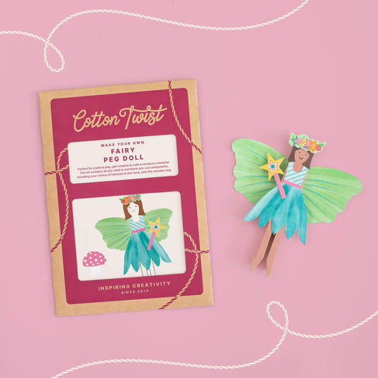 Cotton Twist Make Your Own Fairy Peg Doll sustainable crafting kit with dress, wings, and accessories