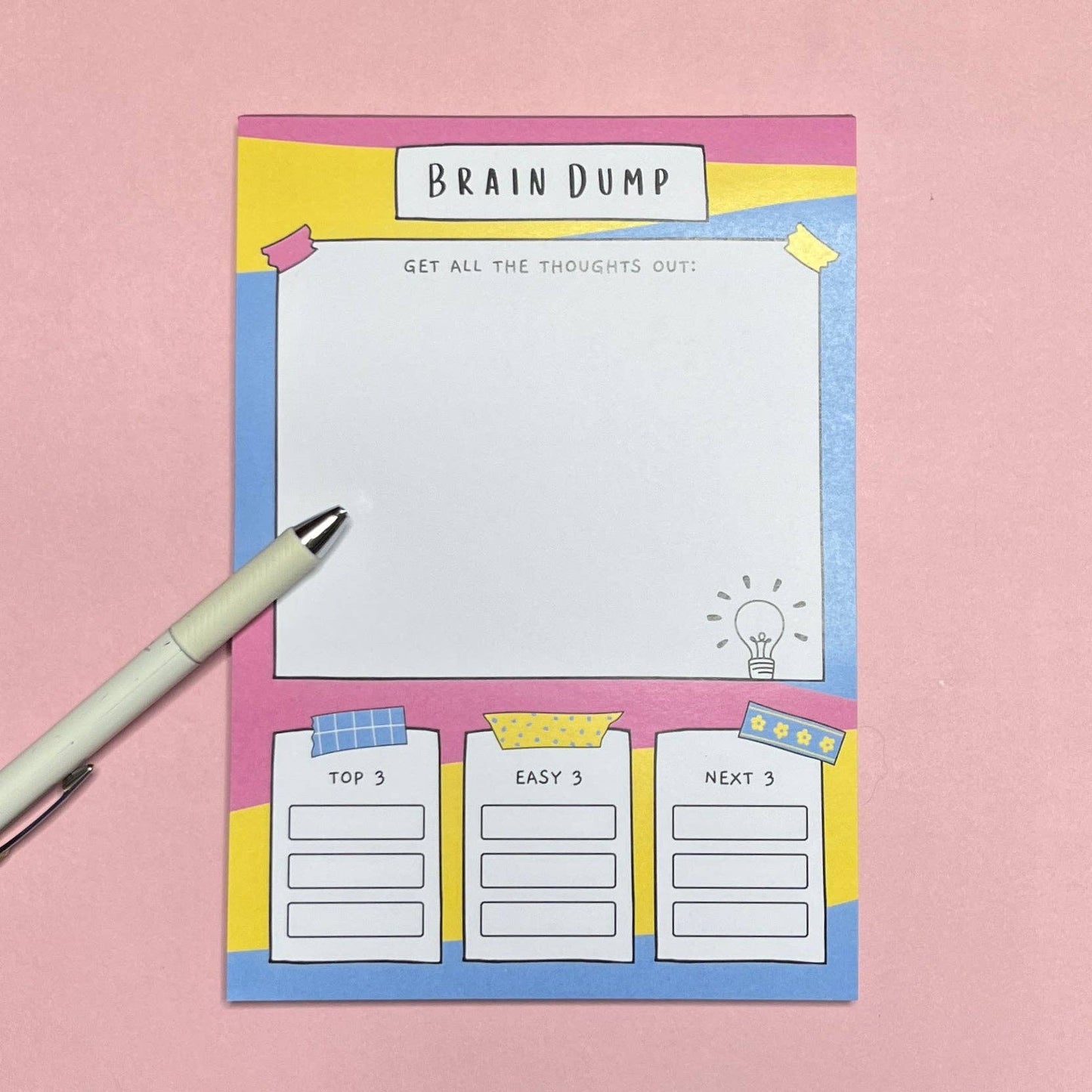 A5 Brain Dump Notepad by Sunshine Lane—lined pages with ‘Top 3’, ‘Easy 3’, ‘Next 3’ tasks section, 120gsm paper.