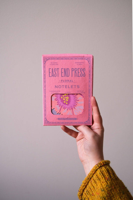 Close-up of East End Press Floral Notecard Set, showing colourful screen-printed notelets and matching illustrated envelopes.