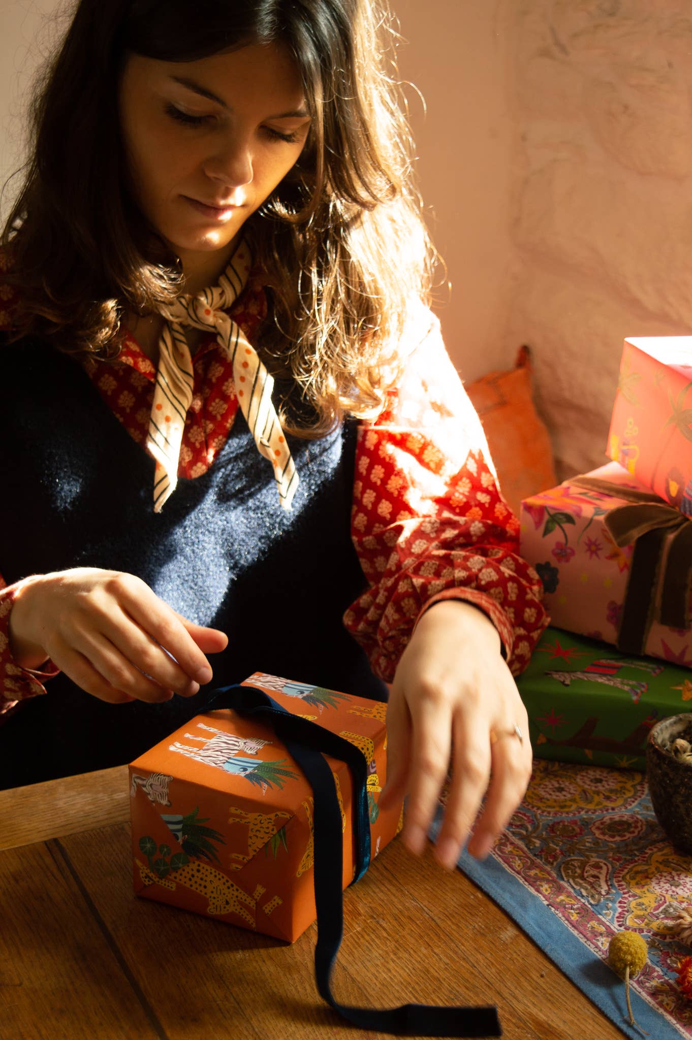 Corner detail of Botanical Tigers gift wrap, emphasising the sustainable quality and unique design