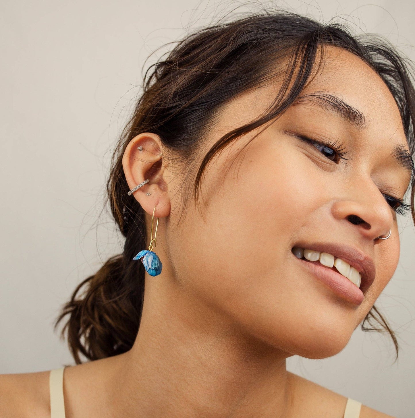 Model wears Bluebell earrings