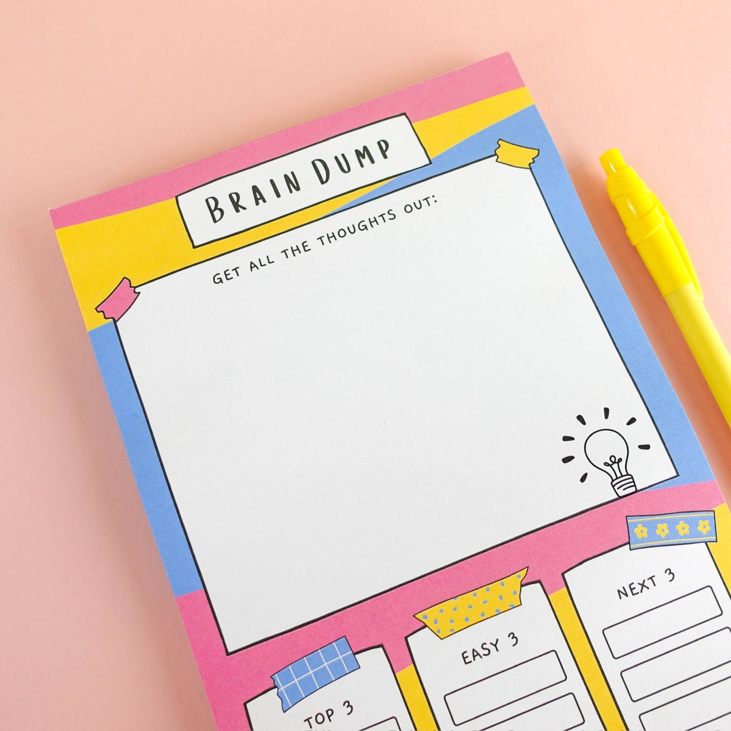 A5 Brain Dump Notepad by Sunshine Lane—lined pages with ‘Top 3’, ‘Easy 3’, ‘Next 3’ tasks section, 120gsm paper.