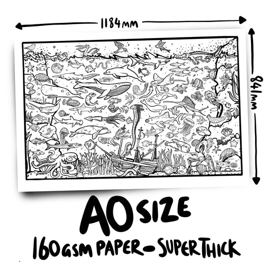 Ocean Giant A0 Colouring Poster: Underwater scene by Dixon Does Doodles, 160gsm sustainably sourced paper, UK made, folds to A4.