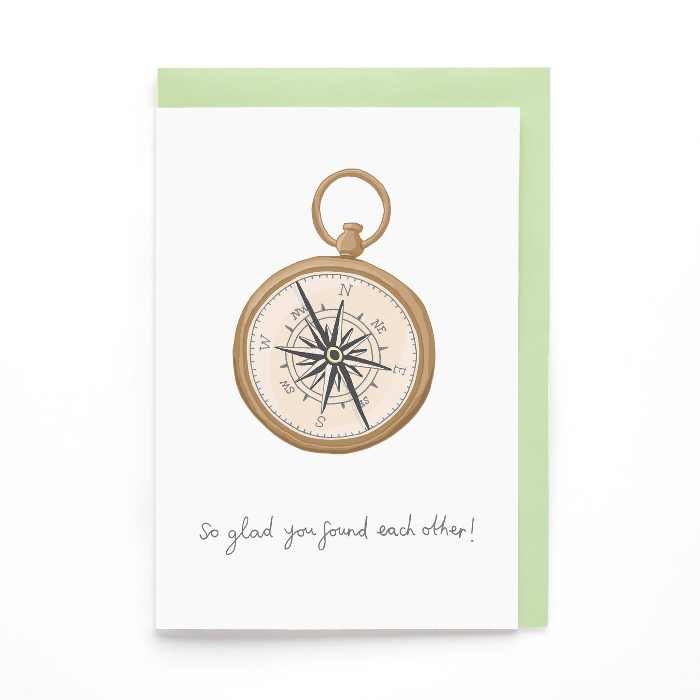 Celebrate their journey with this elegant wedding or engagement card, featuring a hand-drawn illustration of a compass and the heartfelt caption "So Glad You Found Each Other." This unique design is perfect for sharing warm wishes with couples who’ve found their true north.