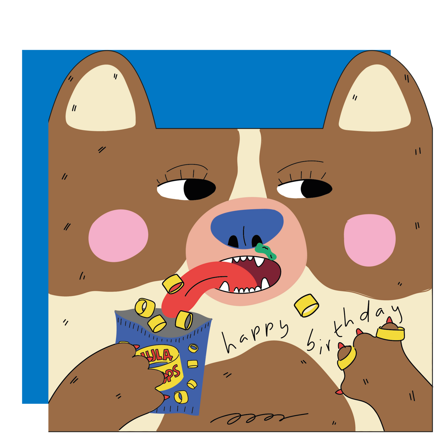 Eat the Moon Dog Eats Hula Hoops Die Cut Kids Greeting Card front with cheeky dog design