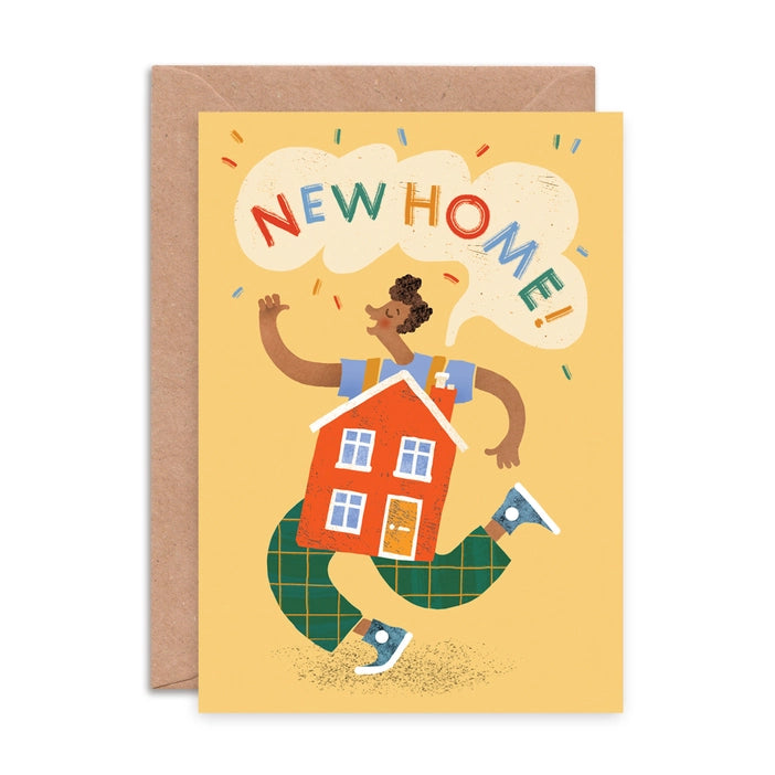 Vibrant New Home dancing greeting card with colourful illustration, featuring a person wearing a house. Eco-friendly A6 card.