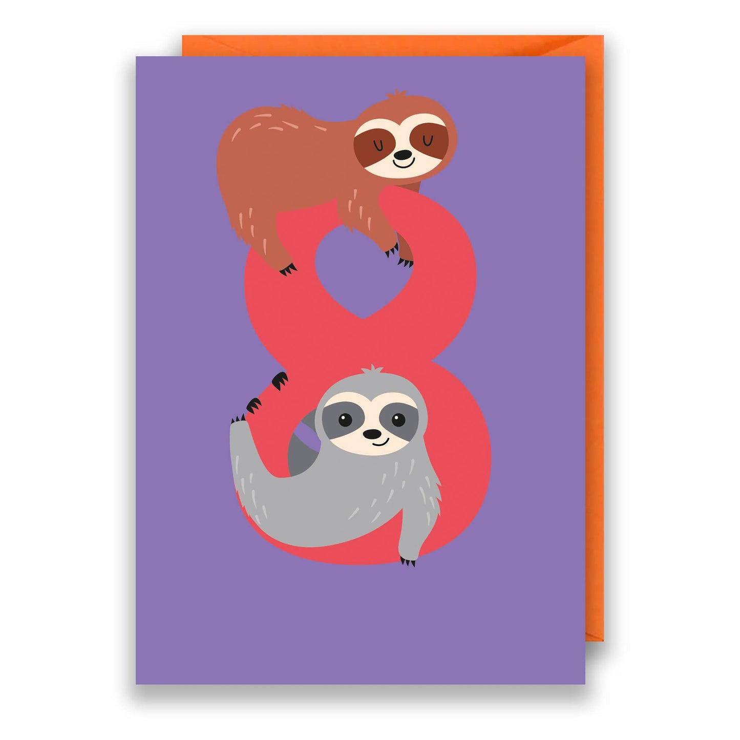 Age 8 birthday card with cute sloths and number 8, glossy finish, bright orange envelope