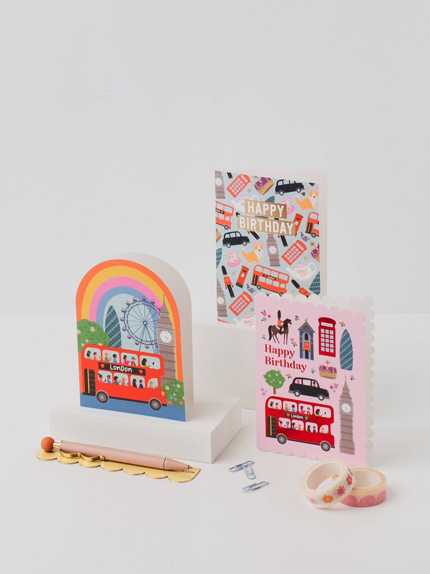 Three Mifkins birthday cards with London-themed designs on a white background