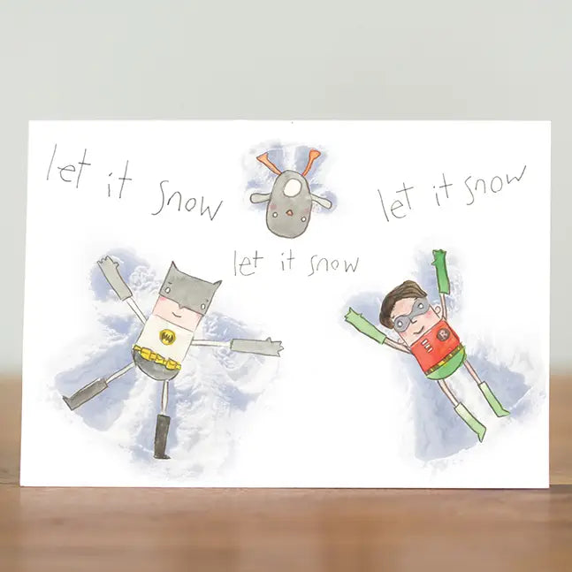 Eco-friendly 'Let It Snow' Christmas card featuring tiny superheroes making snow angels. Made in Scotland.