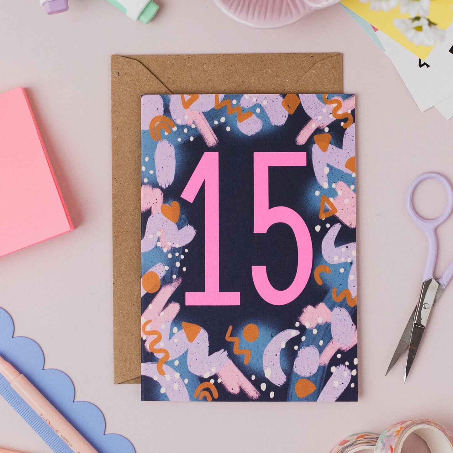 Eco-friendly 15th birthday greeting card, plastic-free, with a stylish neon pink '15' for teenagers.