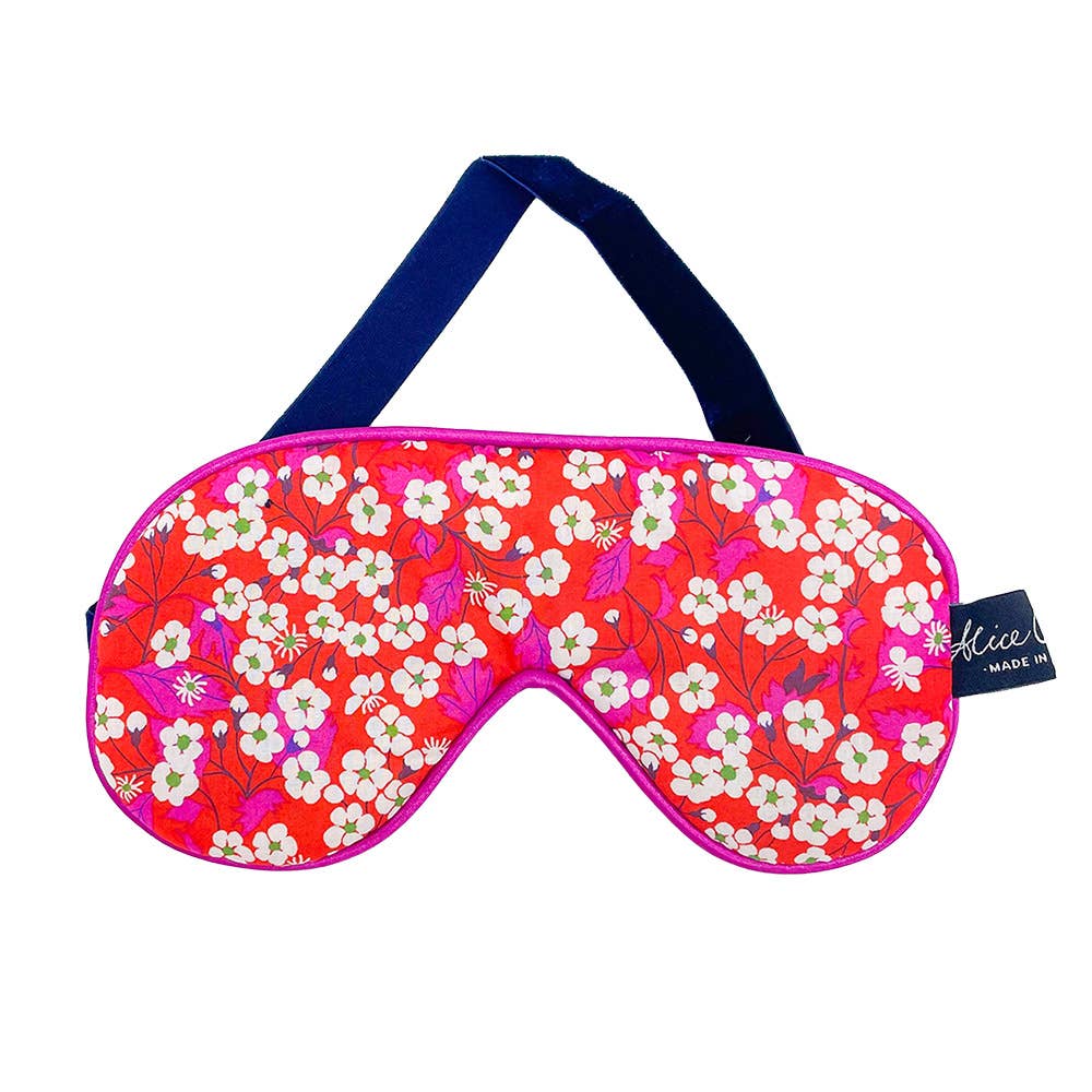 Liberty Eye Mask Mitsi Chilli with velvet lining and pink satin piping by Alice Caroline