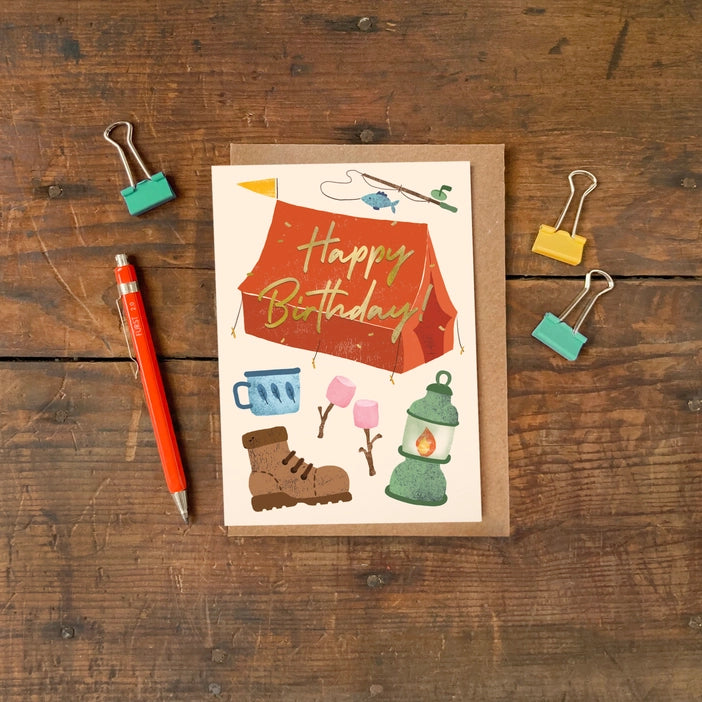 Group shot of eco-friendly Camping Birthday Card, highlighting sustainably sourced matte card texture.