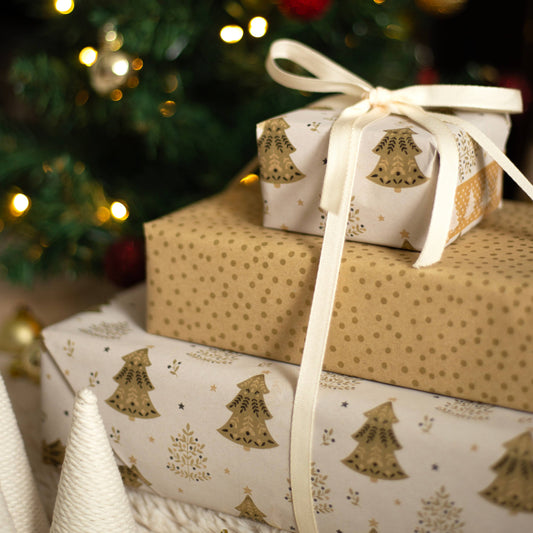Gold Christmas Trees Festive Gift Wrap, 5m roll, 500mm wide, brown kraft with gold tree design, sustainable eco-friendly Christmas wrapping paper.