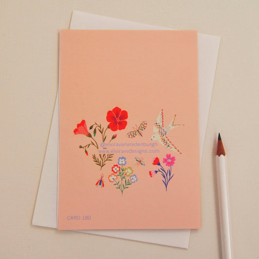 Close-up of vibrant flora and fauna illustration on a 30th birthday card, showing sustainable matt card texture