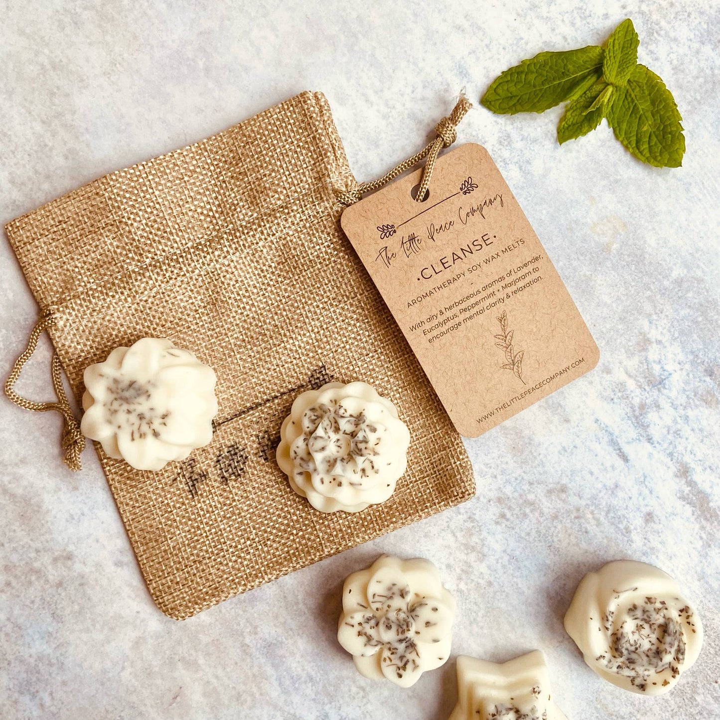 Soy Wax Cleanse Wax Melts - Lavender, Eucalyptus, Peppermint + Marjoram. Airy, herbaceous, and woody aromas which encourage mental clarity and relaxation. Contains 5 x large aromatherapy wax melts in a reusable burlap bag. Hand poured in small batches in our Derbyshire studio,