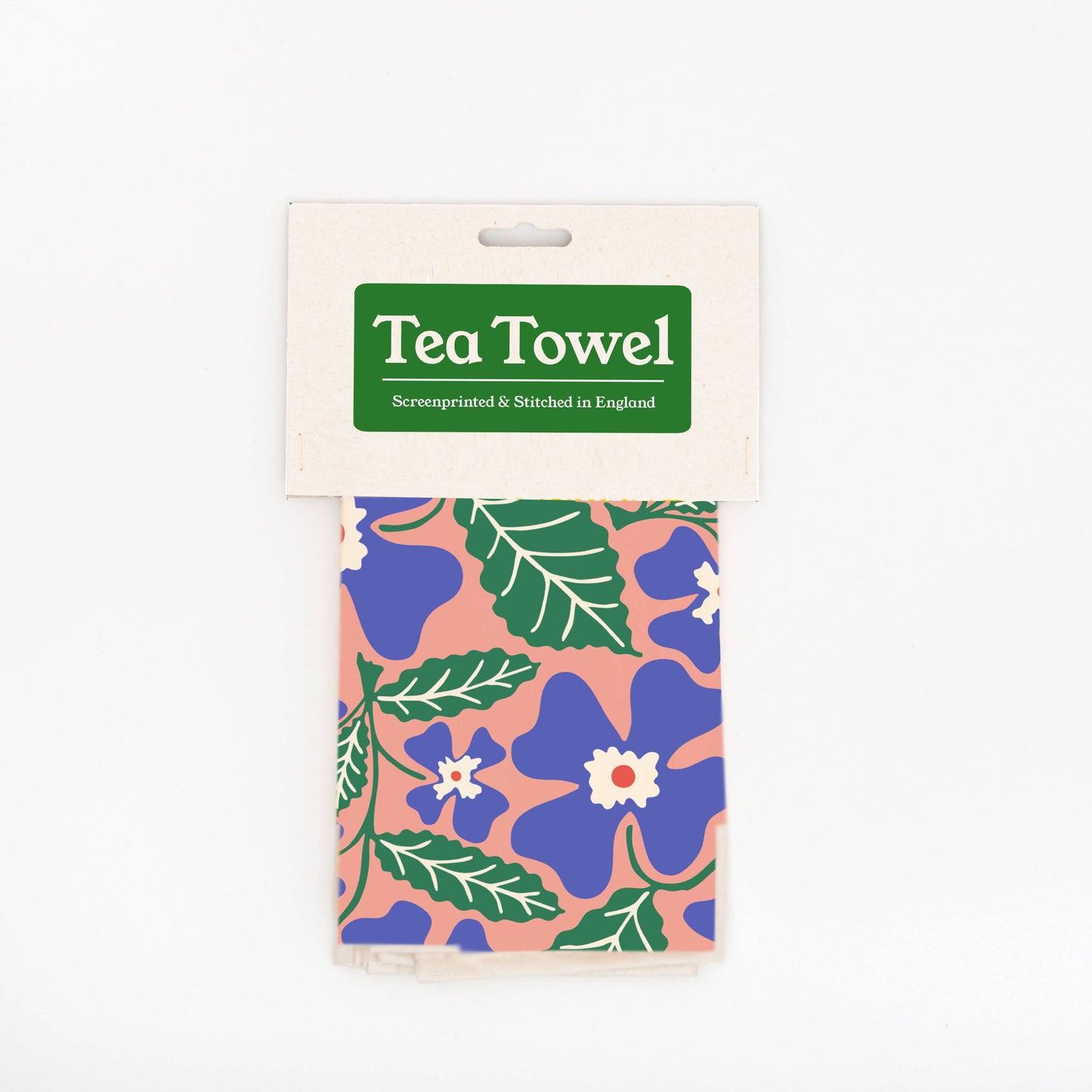 Primrose tea towel with floral screenprint on unbleached natural cotton by Studio Wald.