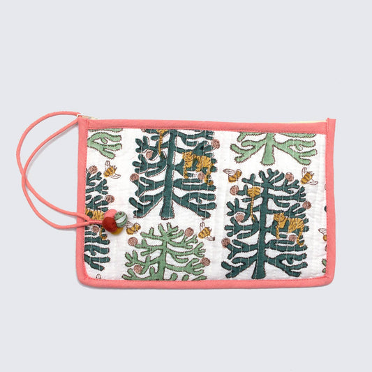Handcrafted Monkey Puzzle cotton pouch, block printed with natural dyes