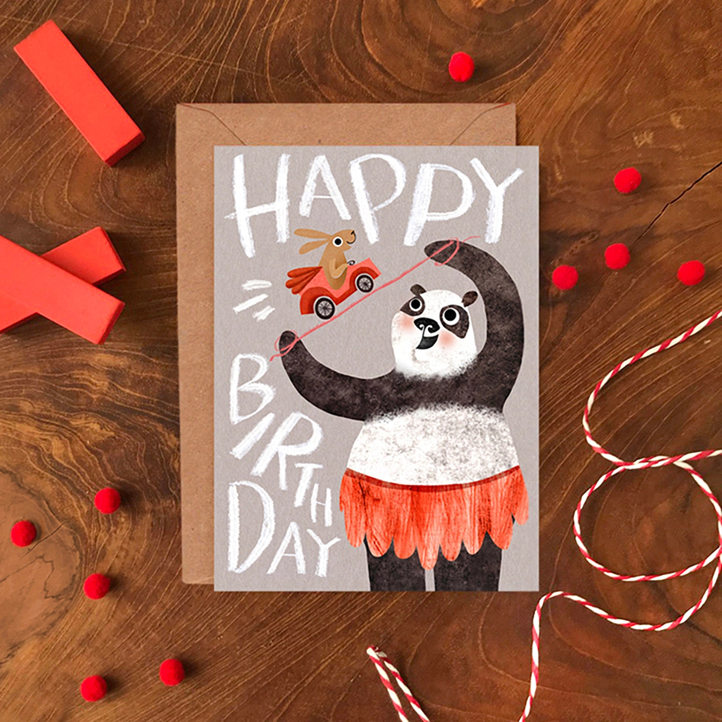 Set of six assorted circus animal greeting cards by Emily Nash, printed on sustainably certified matte card with recycled kraft envelopes, in a cardboard gift box.