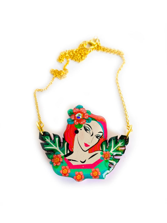 Tropical Lady Flower Bib Necklace on an 18-inch gold-filled chain, full view