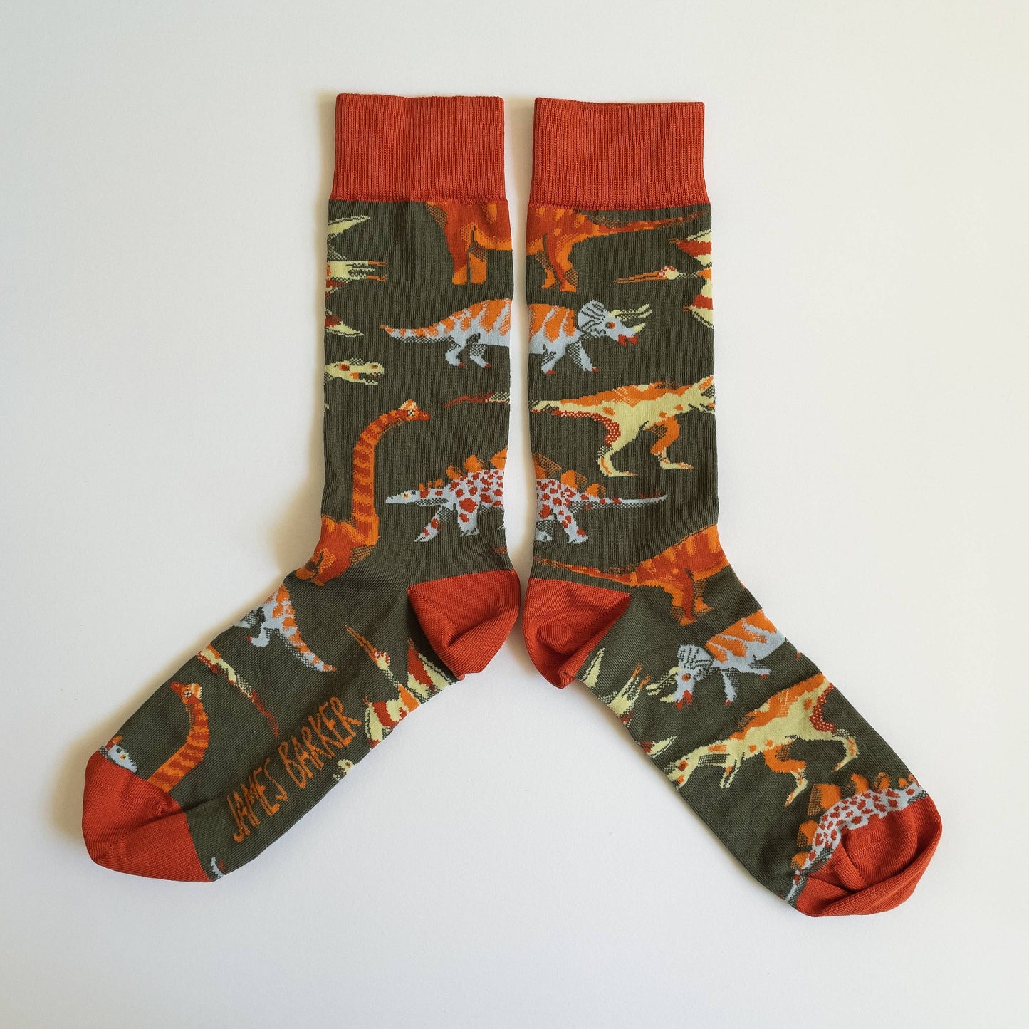 Colourful hand-illustrated dinosaur cotton socks by James Barker—fun, vibrant, and perfect for dinosaur lovers and collectors.