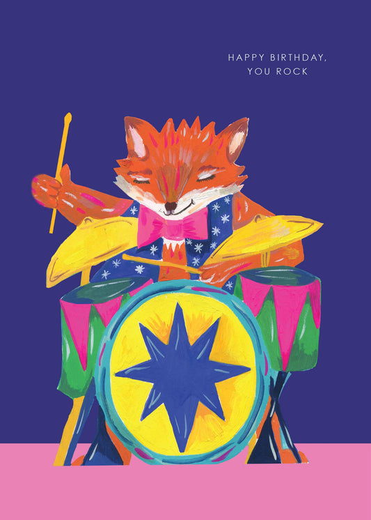 Hand-illustrated Rocking Fox birthday card with recycled envelope