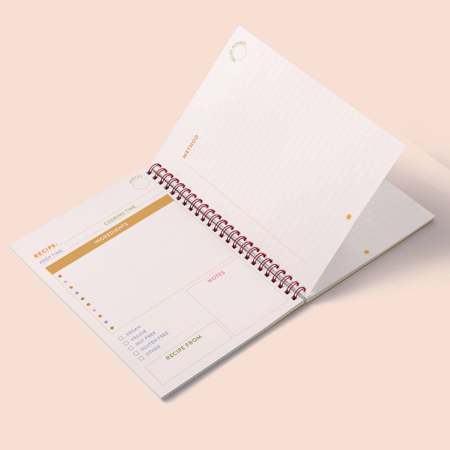 This wire-o bound, blank recipe journal are made up of 128 pages which include handy cooking conversions, index pages, 52 double spread recipe pages, and note pages at the back. With space to add up to 52 recipes. It’s deliciously colourful throughout with a fun, illustrated vine tomato cover.