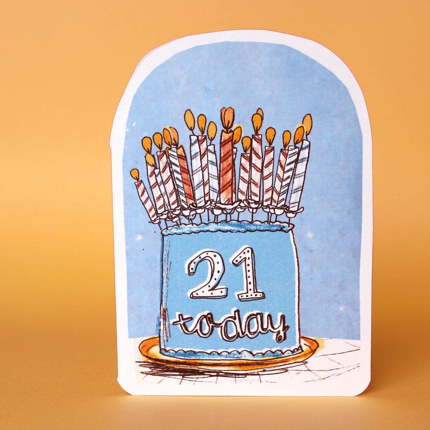 Elegant 'Twenty One Today' birthday card with a candle design, made from 350gsm recycled card, handmade in England, and featuring sustainable, biodegradable packaging from Forget Me Not & Green.
