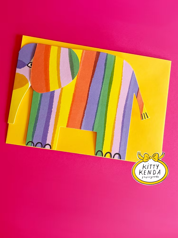Colourful abstract elephant greeting card with a yellow envelope. Designed and printed in the UK by Kitty Kenda.