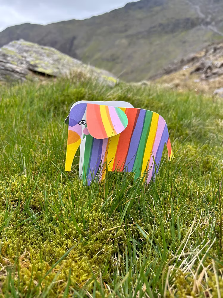 Colourful abstract elephant greeting card with a yellow envelope. Designed and printed in the UK by Kitty Kenda.