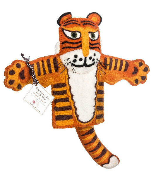 Close-up of Raj the Tiger Hand Puppet, highlighting the organic felted wool texture and needle-felted details