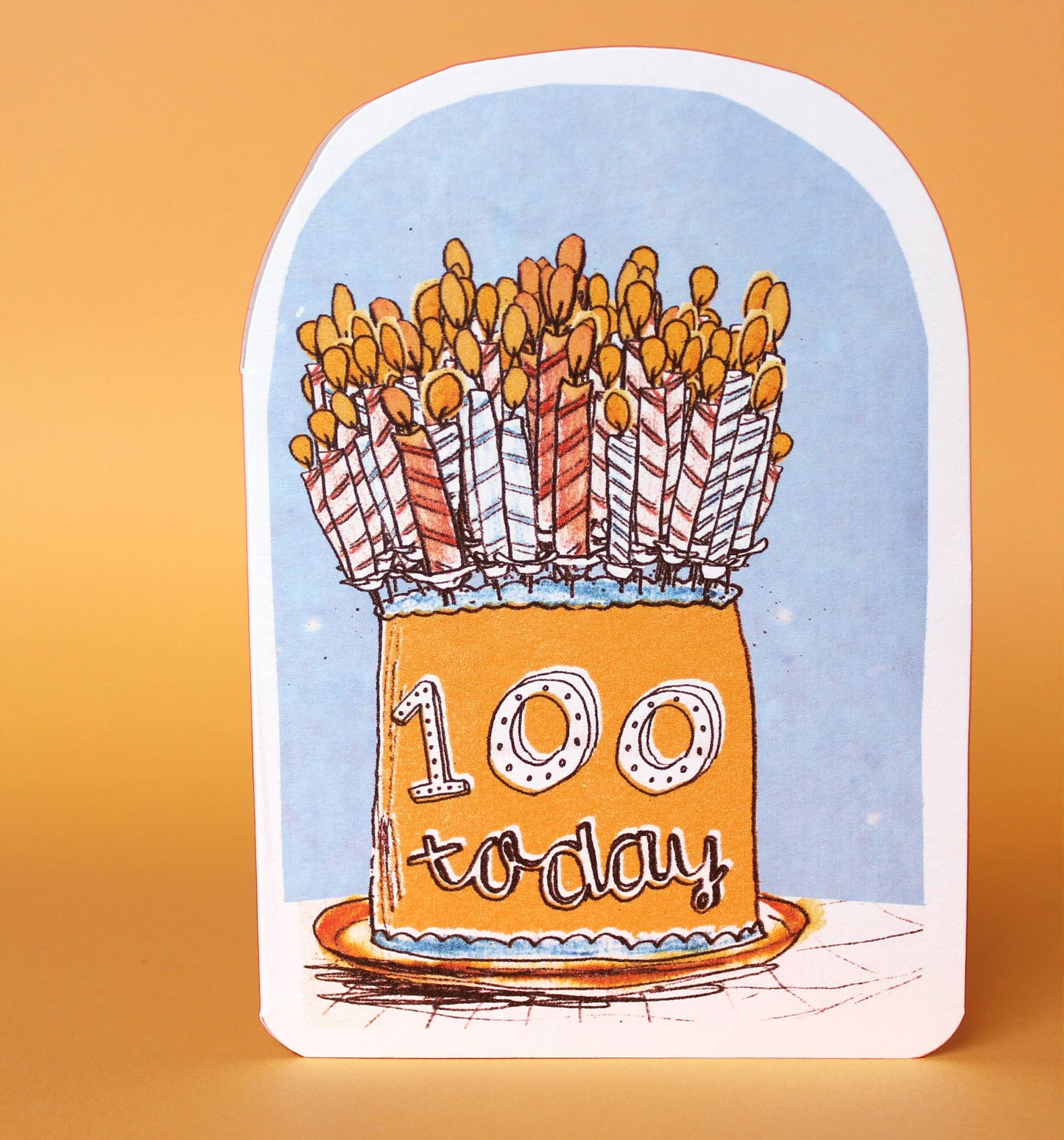 100th birthday card featuring a whimsical candle design by Laura Skillbeck. Printed on 100% recycled 350gsm card, packaged in a biodegradable cello wallet. Handmade in England.