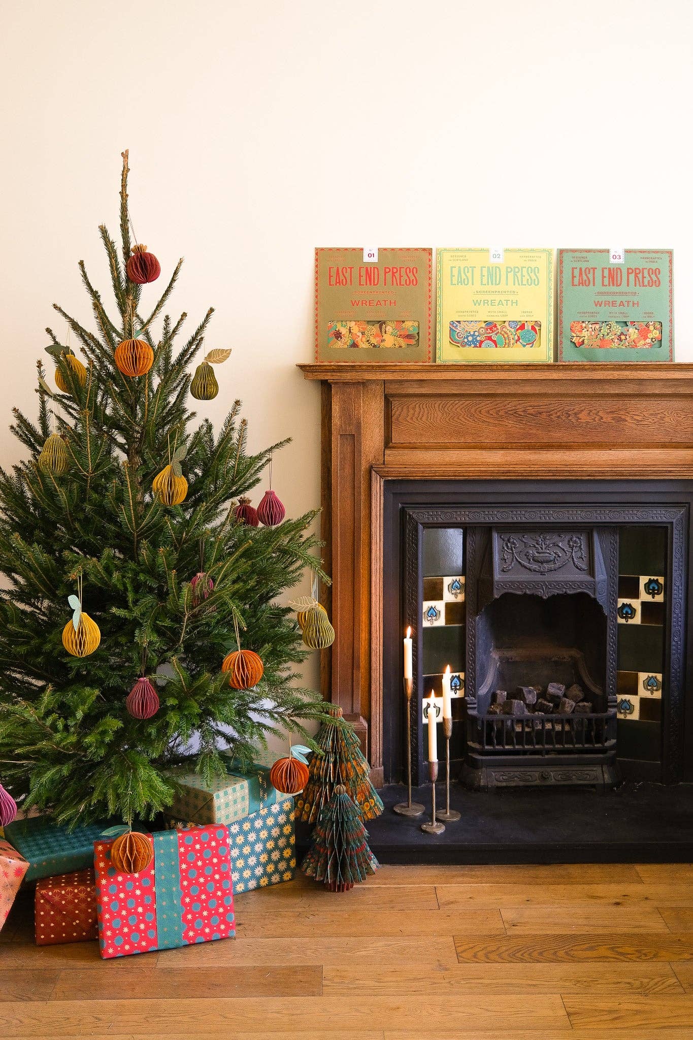 Hand-printed Colourful Bauble Cotton Board Wreath by East End Press with hanging loop, sustainable ornament