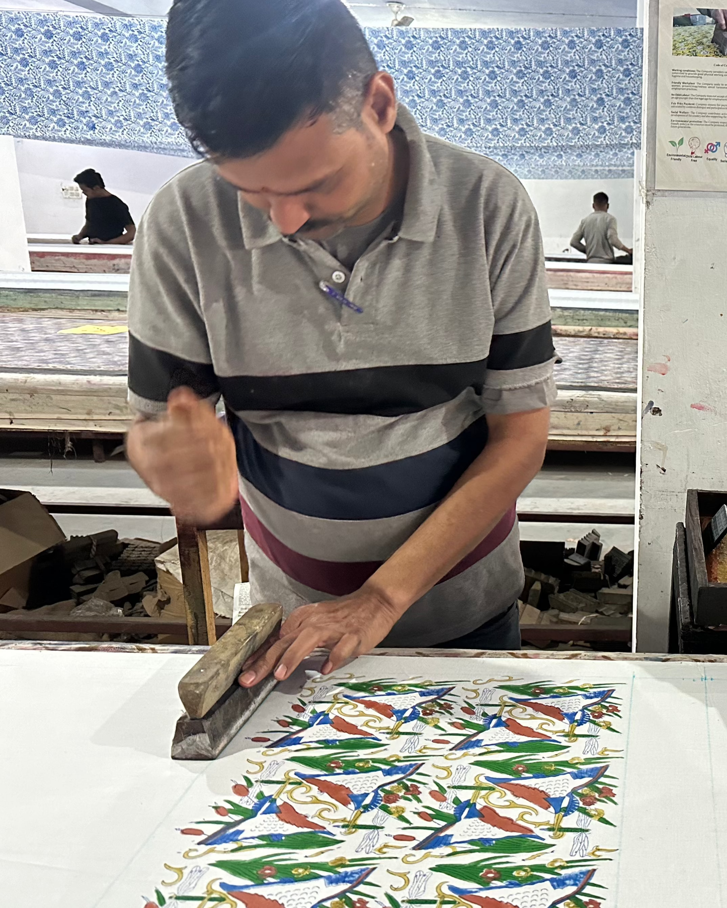 Artisan Hand Block Printing Process for Kingfisher Napkins in India