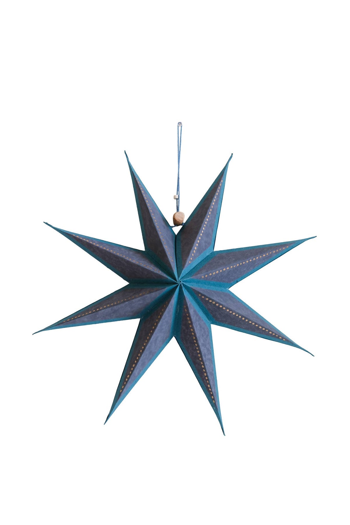 Packaging and detail of three shining star recycled paper ornaments
