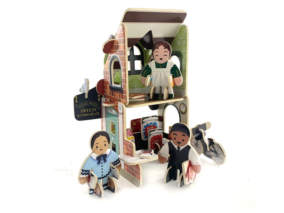 Components of the sustainable Edwardian Sweet Shop Playset, designed for ages 6+