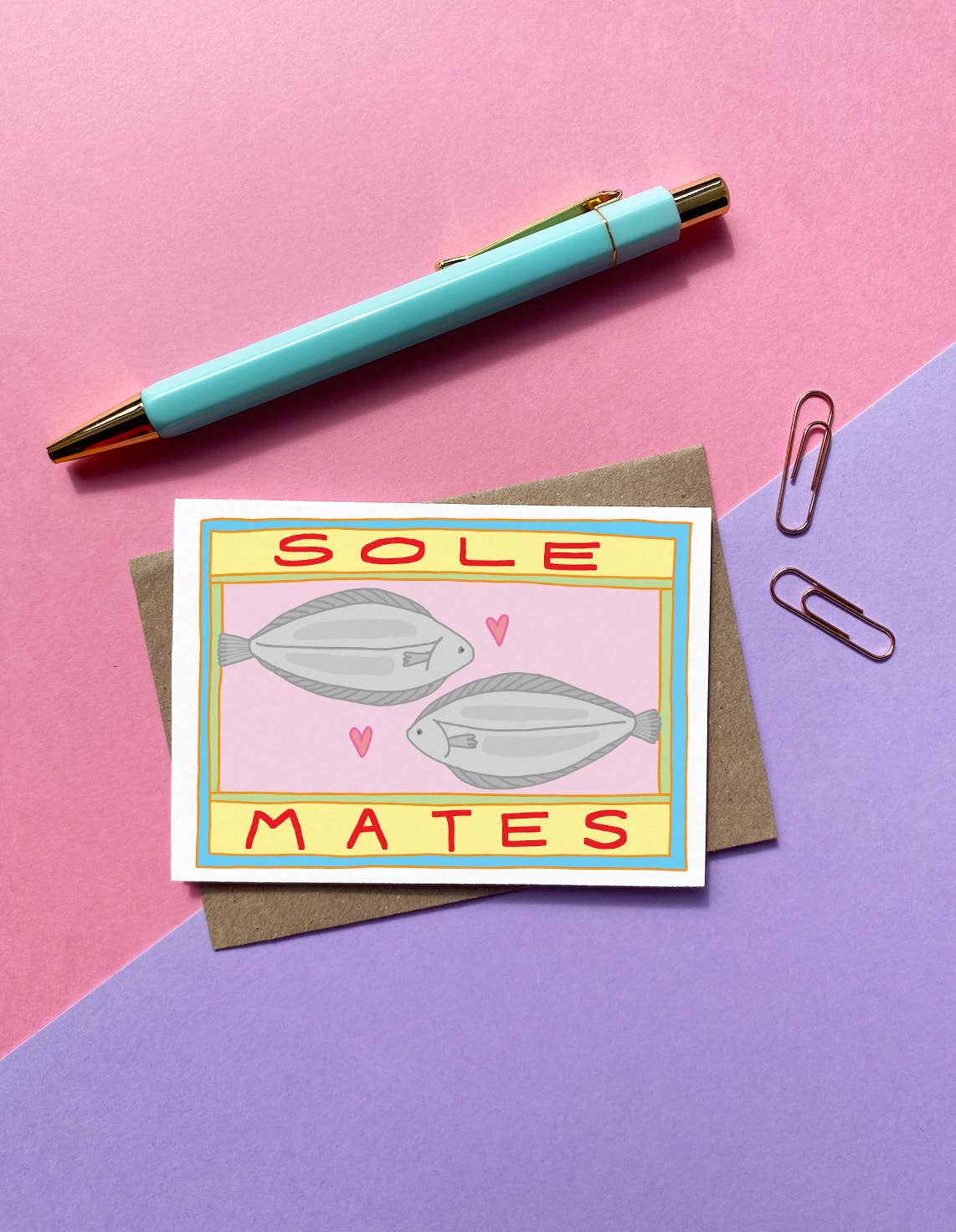 Close-up of Sole Mates eco-friendly greeting card with Kraft envelope, showing sustainably sourced paper texture.