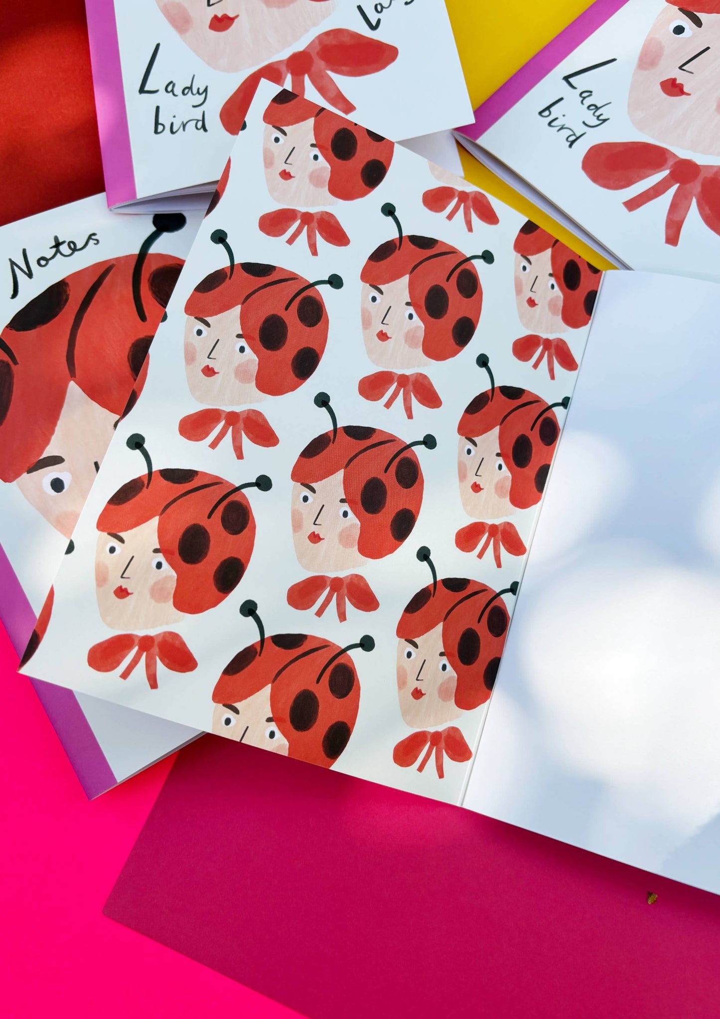 Illustration of a lady's head adorned with a ladybird hat and big red bow. With the words Notes at the top and Lady bird, Lady across the bottom. The Notebook is bound with a pink edge and has plain paper for notes and sketching. The inside cover is adorned with the illustration from the front cover of the lady dressed as ladybird, multiple times across the cover.